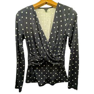 Ann Taylor Womens Blouse Sz S Black Polka Dot Wrap Ruched BizCasual City Sexy